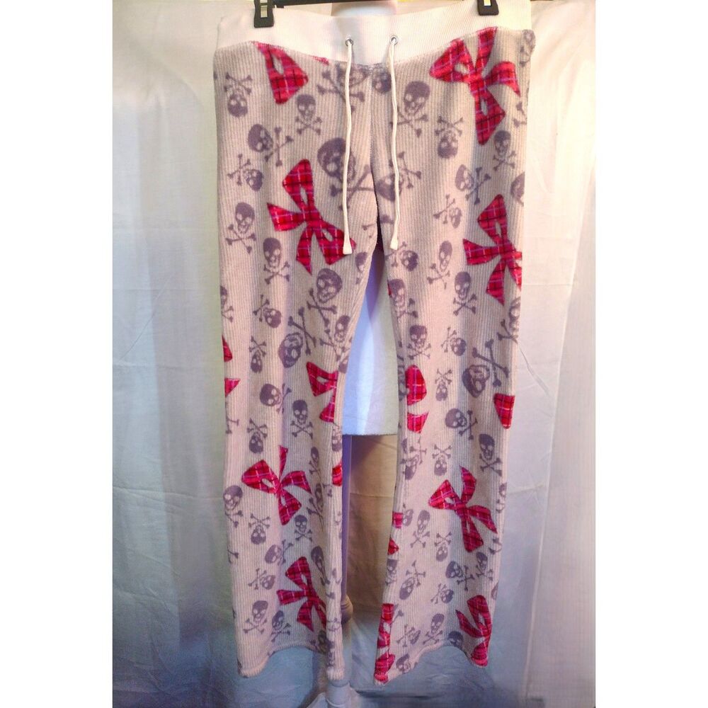 Planet Gold Y2K Skull & Plaid Bow Fluffy Fleece Lounge Pants Size M
